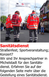 Sanitätsdienst  Straßenfest; Sportveranstaltung; Konzert?  Wir sind Ihr Ansprechpartner in Michelstadt für den Sanitäts- dienst. Erfahren Sie auf der  folgenden Seite mehr über die Gestellung eines Sanitätsdienst.